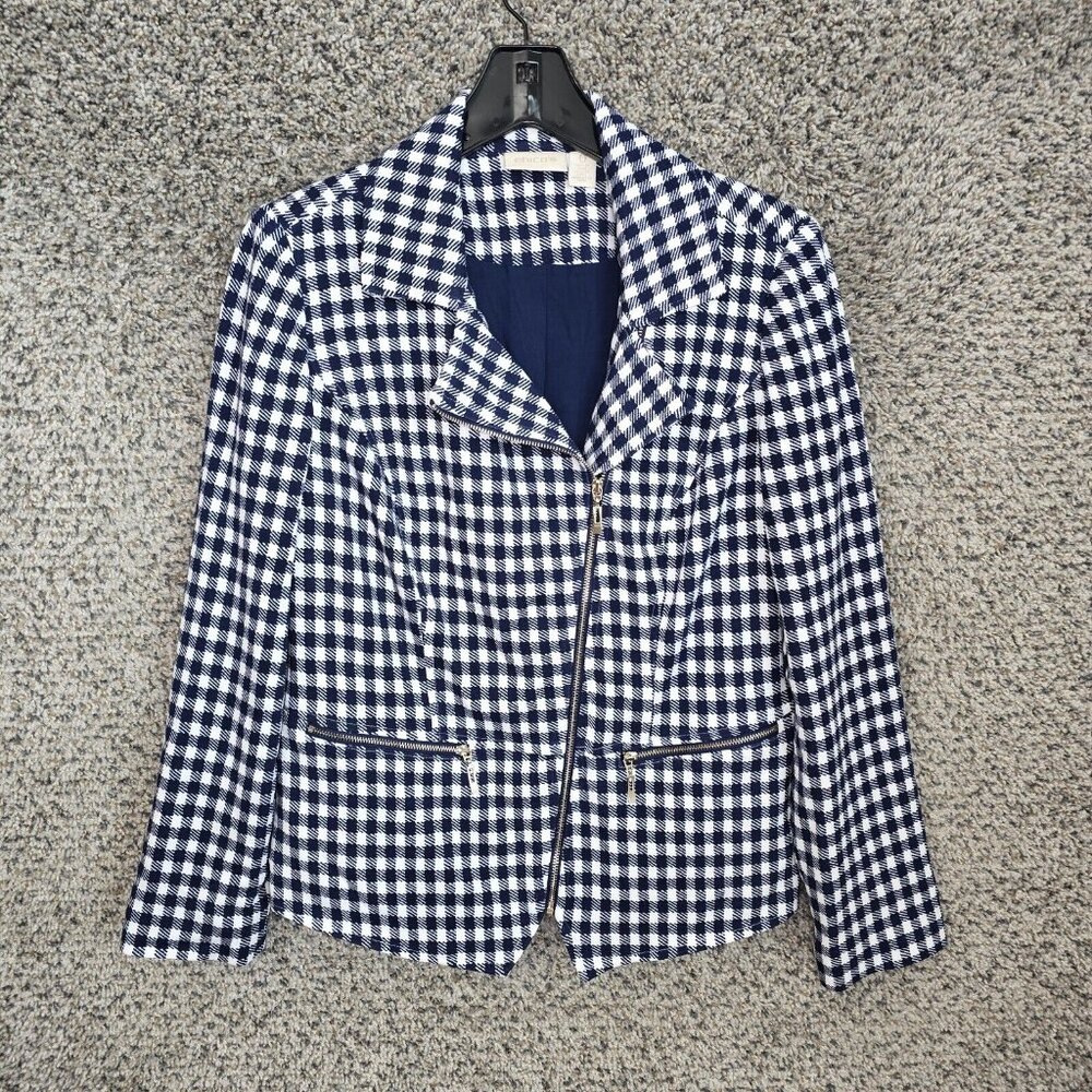 Chicos Jacket Womens 0 US Small Blue Check Full Zip Pockets Collared Ladies